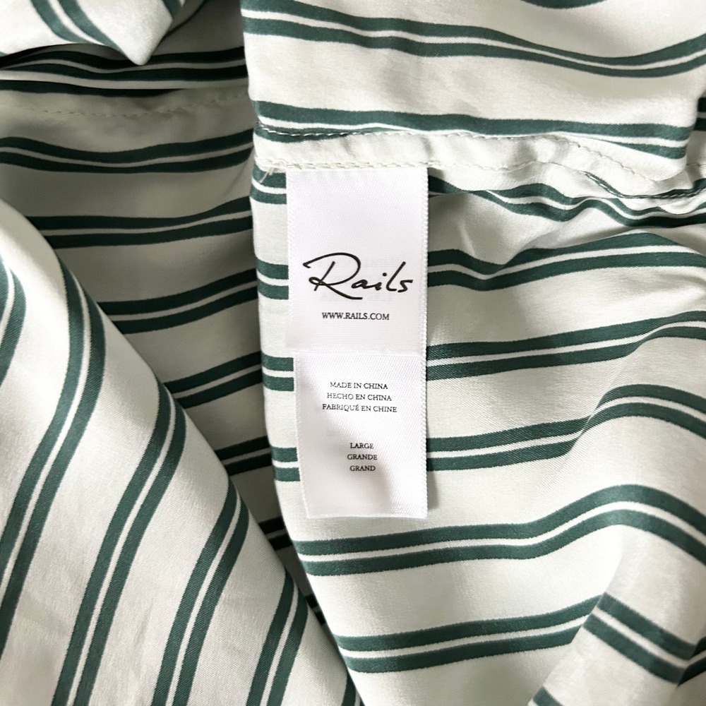Rails Spencer Eden Stripe 100% Silk Button Down Shirt Green Ivory Size Large - Picture 5 of 6